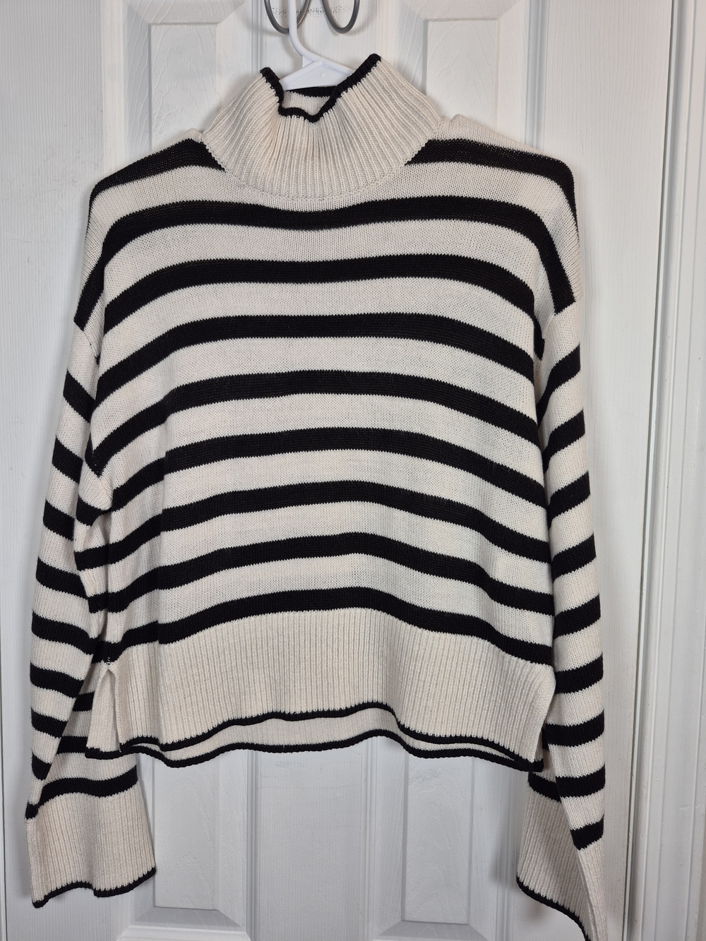 H&M Striped High Neck Knit Sweater Cream Black French Minimalist Cozy Fall Small